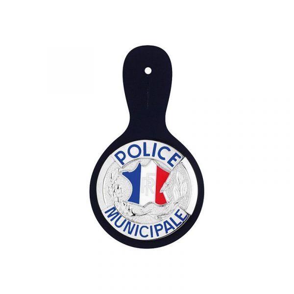 INSIGNE METAL POLICE MUNICIPALE SUR CUIR POUR POITRINE